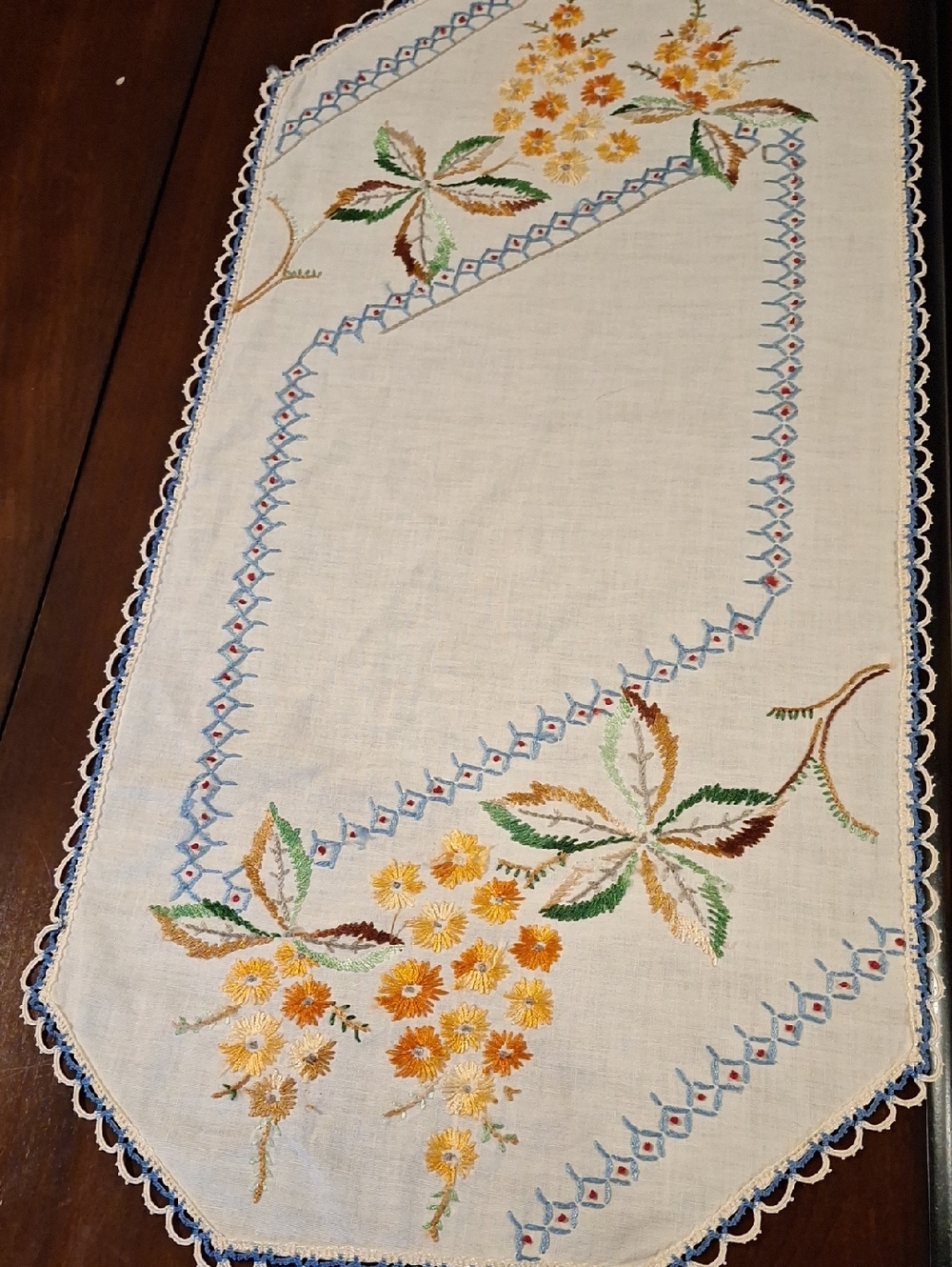 Vintage Hand Embroidered Table Runner in Cream and Yellow. Beautiful Detail